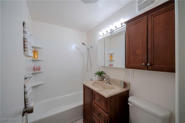 full bathroom featuring shower / bathing tub combination, vanity, and toilet