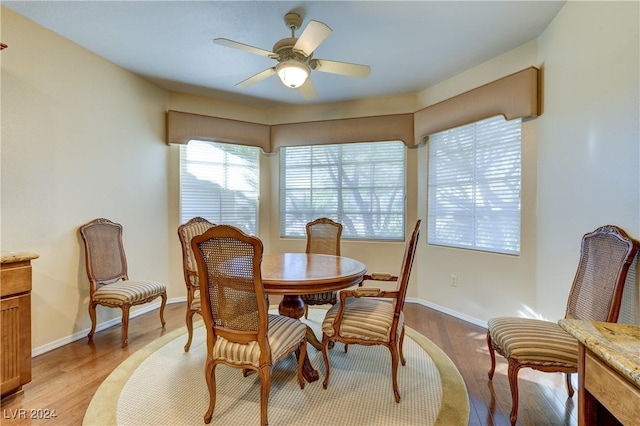 dining room with ceiling fan and light hardwood / wood-style flooring