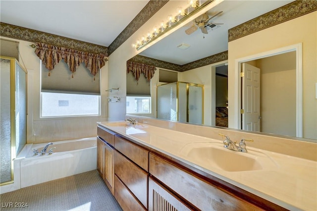 bathroom with ceiling fan, tile patterned flooring, vanity, and shower with separate bathtub