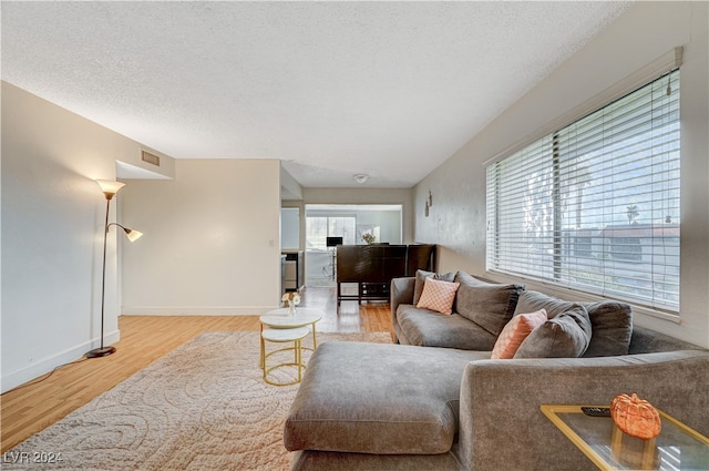 living room featuring a textured ceiling and light wood-type flooring