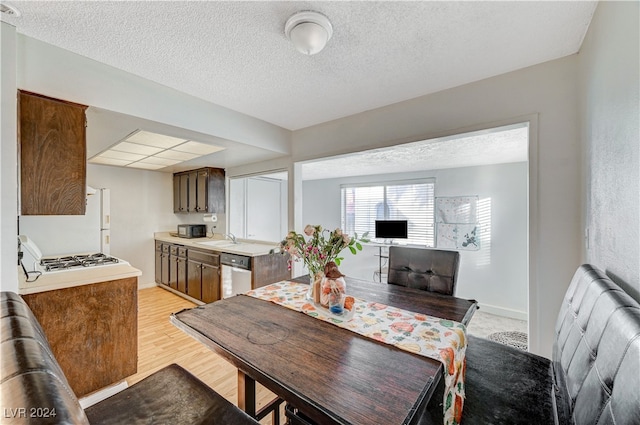 dining room with a textured ceiling, light wood-type flooring, and sink