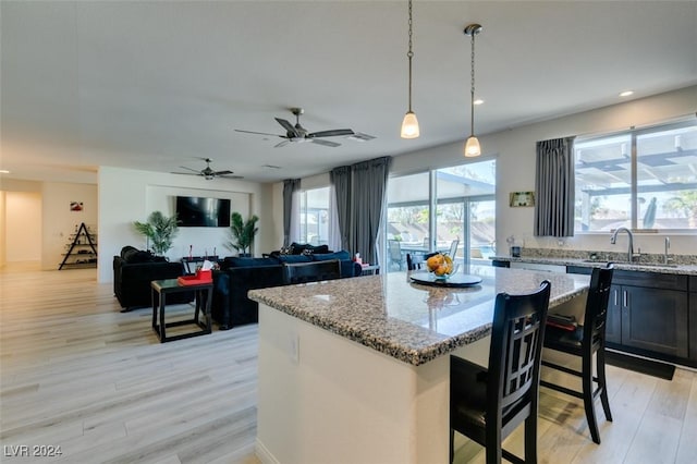 kitchen featuring light stone counters, a center island, light wood-style floors, pendant lighting, and a sink