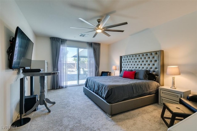 bedroom featuring ceiling fan, light carpet, and access to outside