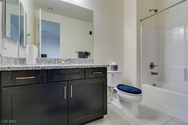 full bath featuring tile patterned flooring, toilet, visible vents, vanity, and shower / bathing tub combination