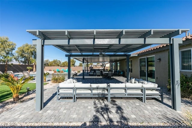 view of patio with an outdoor hangout area, outdoor dining area, and a pergola