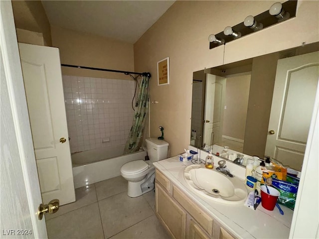 full bathroom with tile patterned flooring, vanity, toilet, and shower / tub combo with curtain