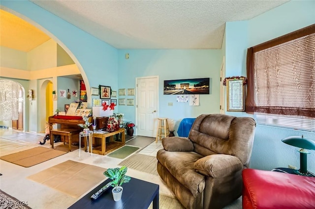 living room with high vaulted ceiling and a textured ceiling