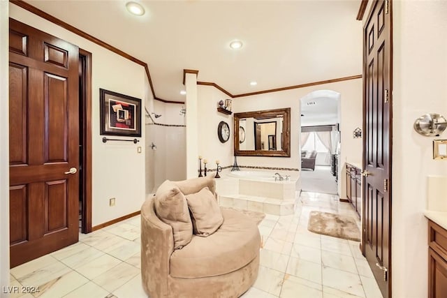 373 Via Sonador, Henderson, NV 89012 - bathroom with vanity, crown molding, and plus walk in shower