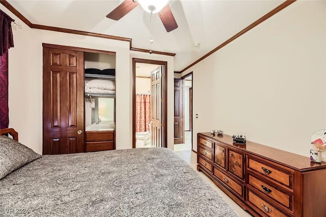 373 Via Sonador, Henderson, NV 89012 - bedroom with ensuite bath, ceiling fan, and ornamental molding