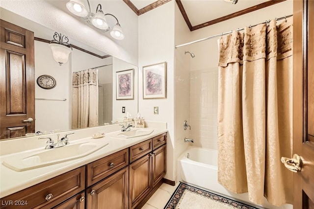 373 Via Sonador, Henderson, NV 89012 - bathroom with tile patterned flooring, vanity, shower / bathtub combination with curtain, and crown molding