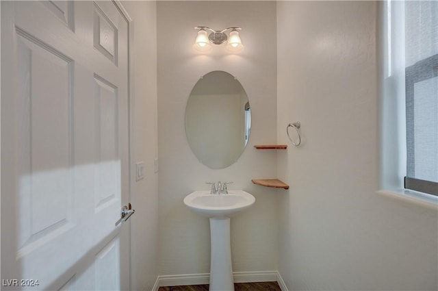 bathroom with hardwood / wood-style flooring