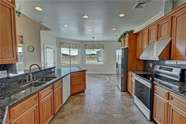 kitchen featuring stainless steel appliances, extractor fan, a wealth of natural light, and sink