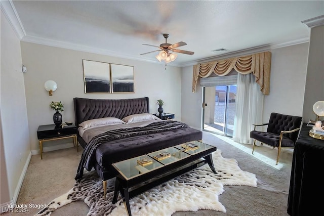 carpeted bedroom with access to exterior, ceiling fan, and crown molding