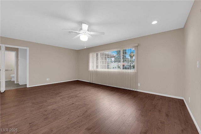 spare room with recessed lighting, baseboards, ceiling fan, and wood finished floors