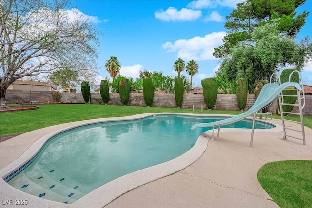 view of swimming pool featuring a fenced in pool, a water slide, a lawn, a fenced backyard, and a patio