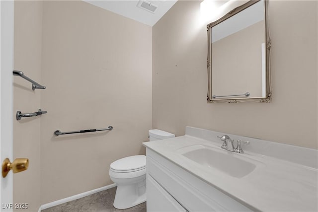 half bath featuring vanity, toilet, baseboards, and visible vents