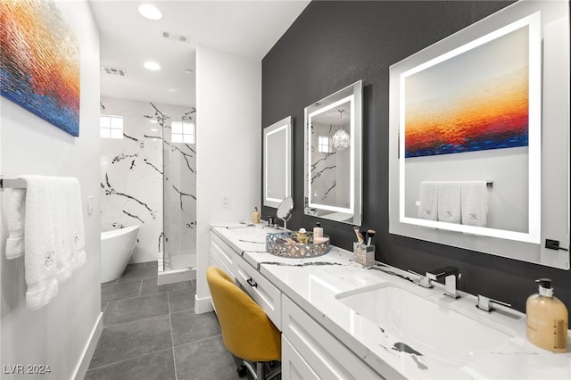 bathroom featuring tile patterned floors, vanity, and independent shower and bath