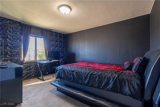 carpeted bedroom with a textured ceiling