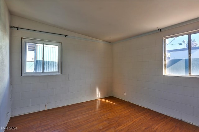 empty room featuring hardwood / wood-style flooring, plenty of natural light, and lofted ceiling