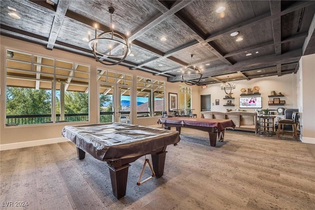 game room with beam ceiling, wood-type flooring, pool table, and coffered ceiling