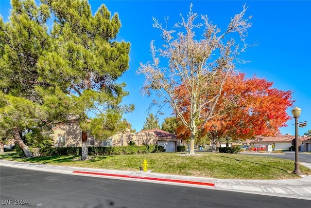 5035 Shoal Creek Cir, Las Vegas, NV 89113 - view of property hidden behind natural elements featuring a front yard and a garage