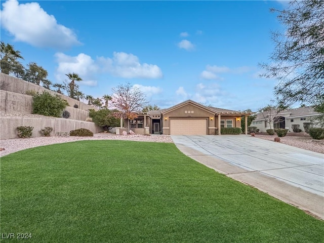 ranch-style house with a front yard and a garage