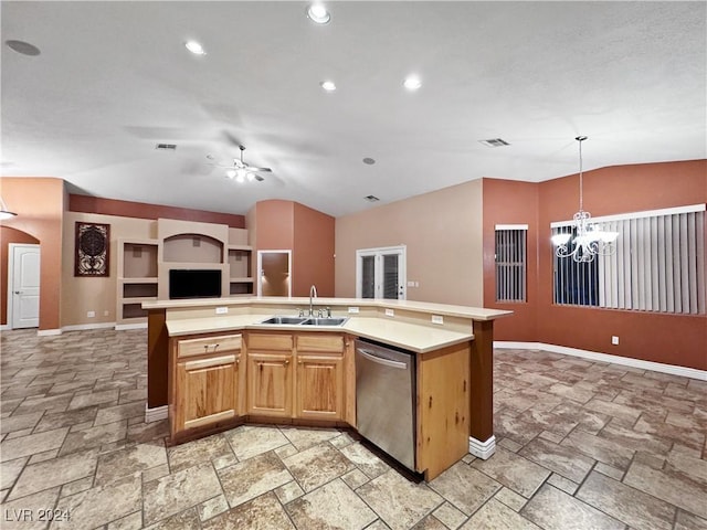 kitchen featuring dishwasher, sink, decorative light fixtures, a center island with sink, and ceiling fan with notable chandelier