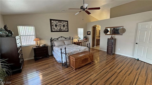 bedroom featuring ceiling fan, ensuite bathroom, wood-type flooring, and lofted ceiling