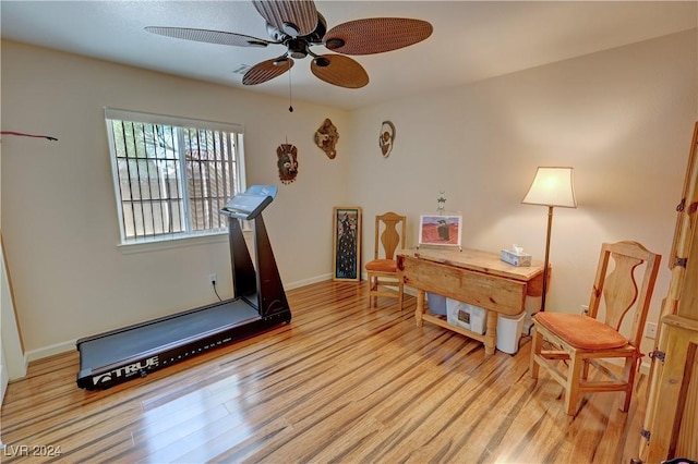 exercise area featuring ceiling fan and light wood-type flooring