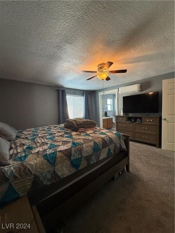 carpeted bedroom featuring a textured ceiling, an AC wall unit, and ceiling fan