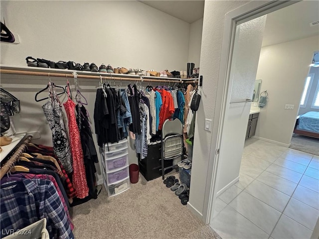 walk in closet with light colored carpet