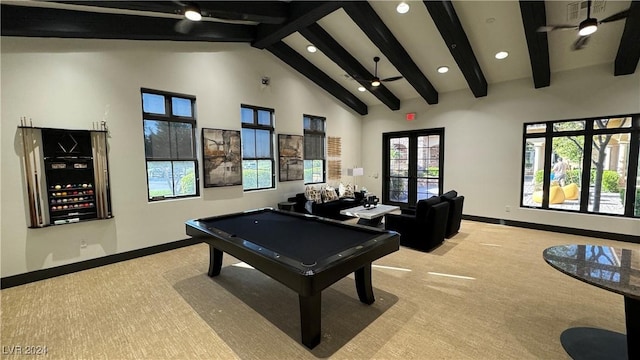 playroom featuring light colored carpet, ceiling fan, beam ceiling, high vaulted ceiling, and pool table