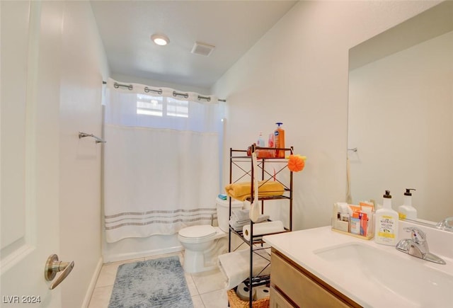 full bathroom with tile patterned flooring, vanity, shower / bath combo, and toilet