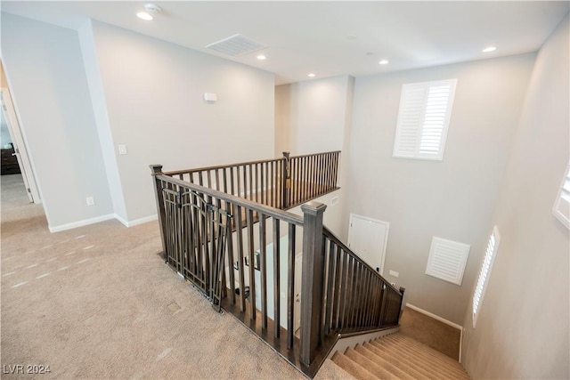 stairs featuring carpet flooring