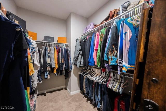 spacious closet featuring light colored carpet