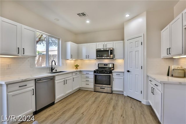 kitchen with sink, backsplash, appliances with stainless steel finishes, white cabinets, and light wood-type flooring