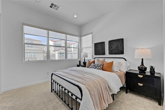 bedroom with recessed lighting, baseboards, visible vents, and carpet flooring