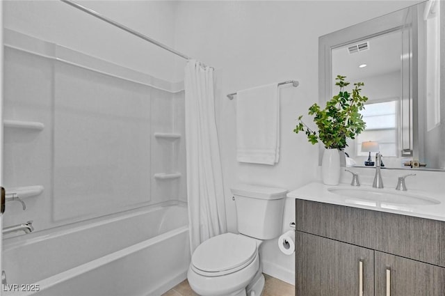 full bath featuring toilet, shower / bath combination with curtain, vanity, and visible vents