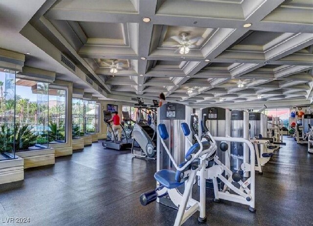 gym featuring ceiling fan and coffered ceiling