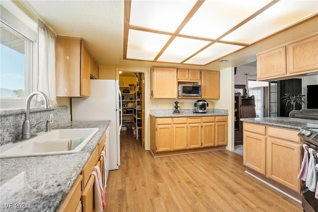 kitchen with light brown cabinets, light wood-type flooring, sink, and appliances with stainless steel finishes