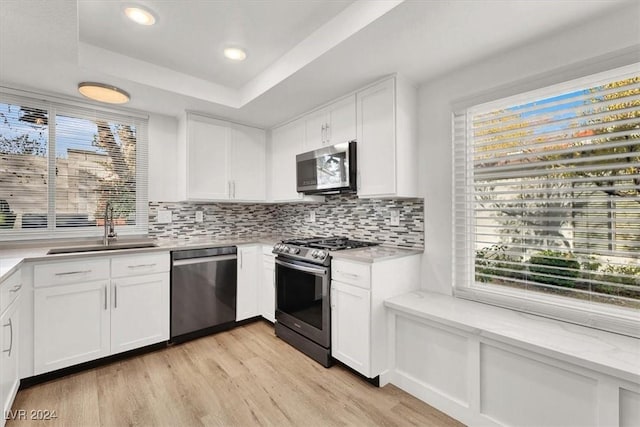 kitchen with stainless steel appliances, a tray ceiling, sink, light hardwood / wood-style floors, and white cabinetry