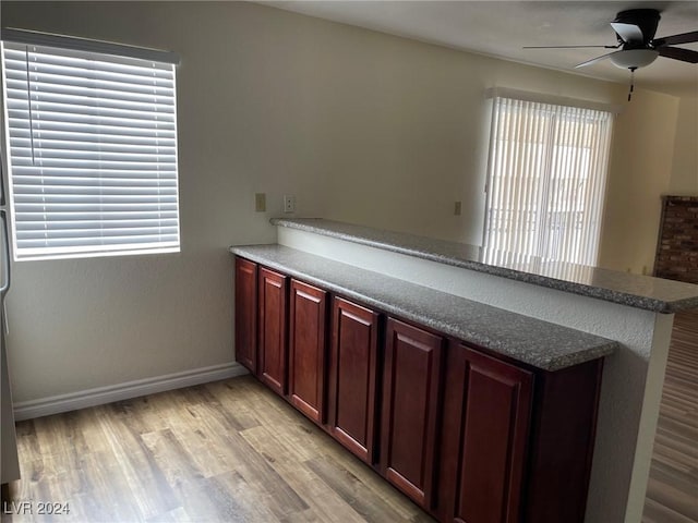 kitchen with kitchen peninsula, light hardwood / wood-style flooring, ceiling fan, and a healthy amount of sunlight