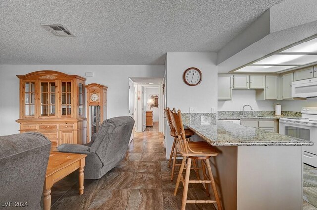 kitchen featuring kitchen peninsula, light stone counters, a textured ceiling, white appliances, and sink