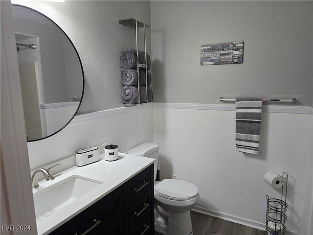 bathroom featuring vanity, hardwood / wood-style flooring, and toilet