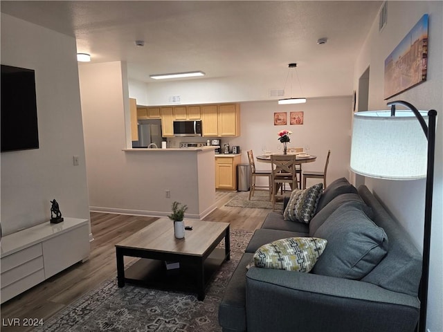 living room featuring dark wood-type flooring