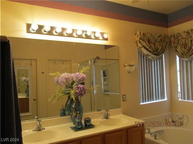 bathroom featuring vanity and independent shower and bath