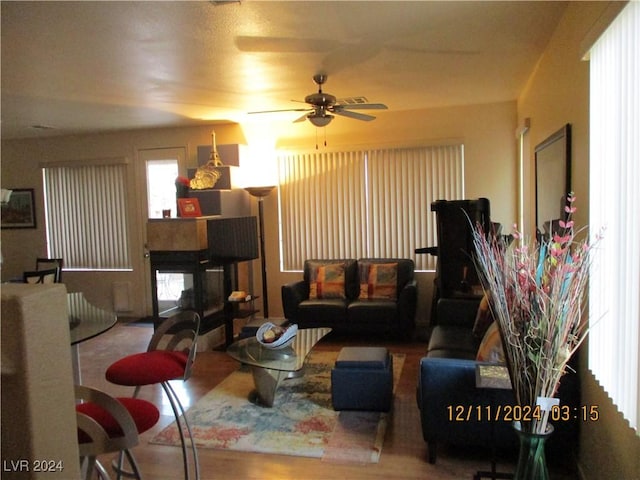 living room featuring ceiling fan and hardwood / wood-style flooring