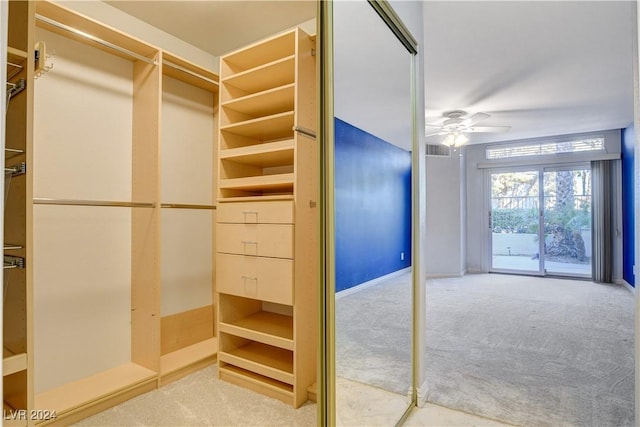 walk in closet with ceiling fan and carpet floors