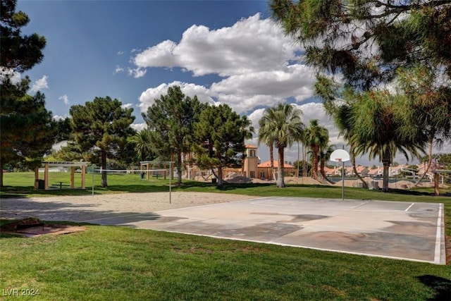 view of home's community featuring a pergola, basketball court, and a yard