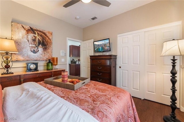 bedroom featuring dark wood-type flooring, ceiling fan, and a closet